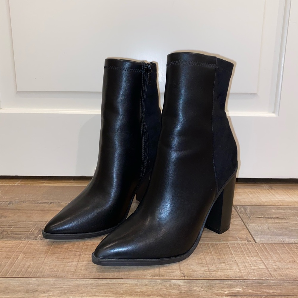 Black Faux Leather and Suede Heeled Booties